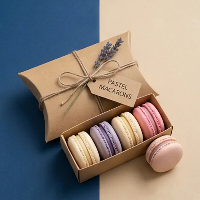 Clear pillow box filled with pastel macarons and tied with a gold ribbon