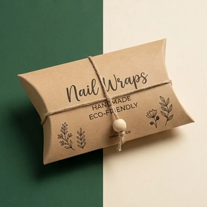 Kraft nail wrap pillow box with a botanical eco-friendly print