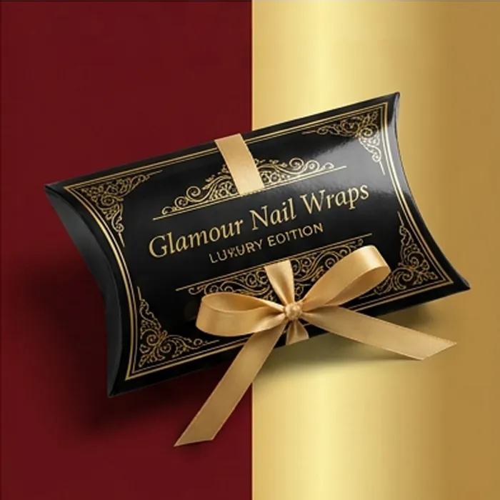 Black and gold nail wrap pillow box with a luxury edition wordmark and bow