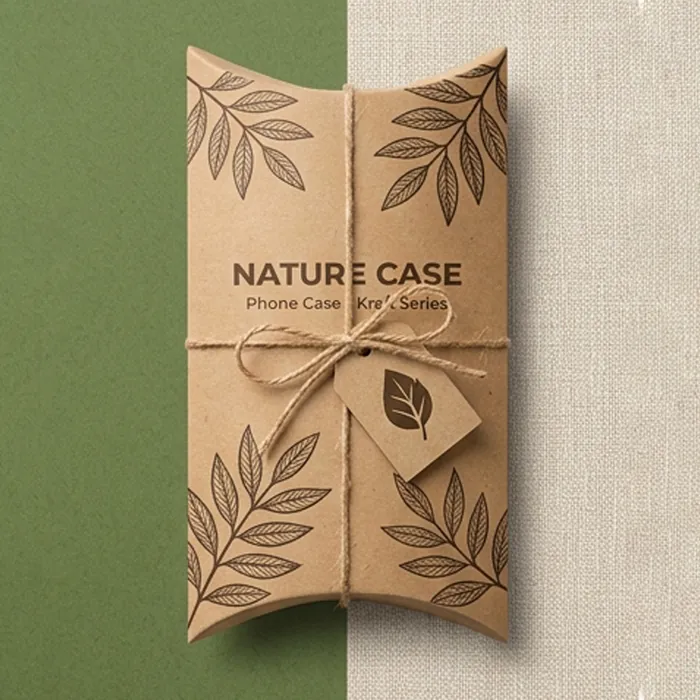 Kraft phone case pillow box printed with a nature case series label