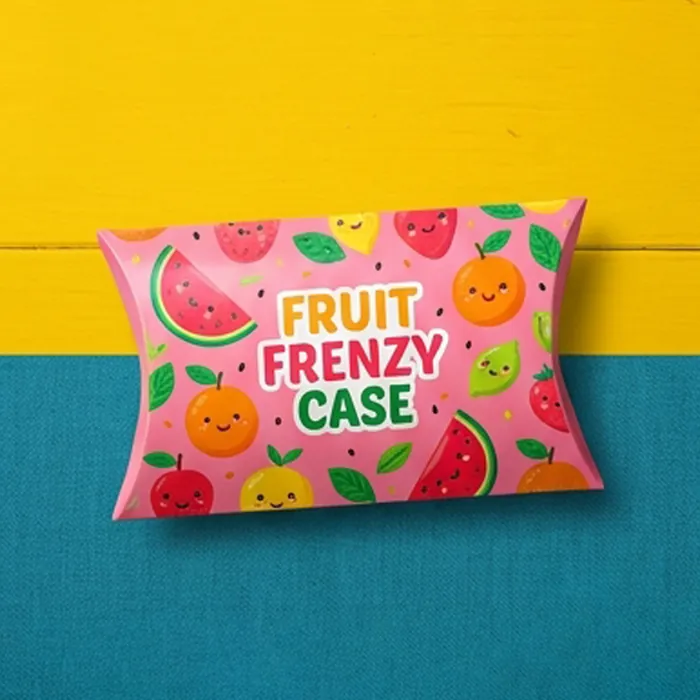Pink phone case pillow box with a bright fruit print