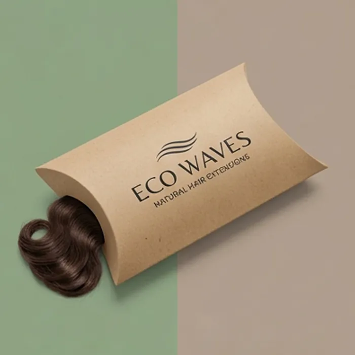 Kraft pillow box for hair extensions printed with an eco waves label