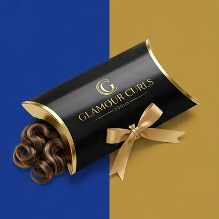 Black hair extension pillow box with a gold wordmark and a hair bundle