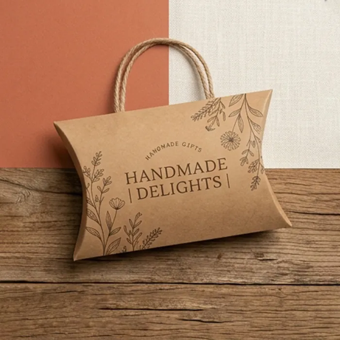 Kraft pillow box with a rope carry handle and a printed handmade delights label