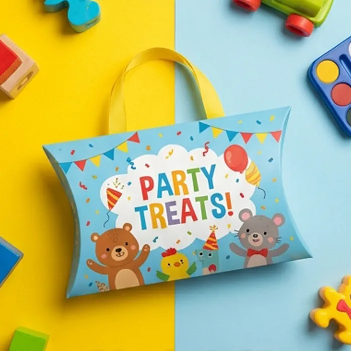 Bright party-print pillow box with a carry handle and a party treats label