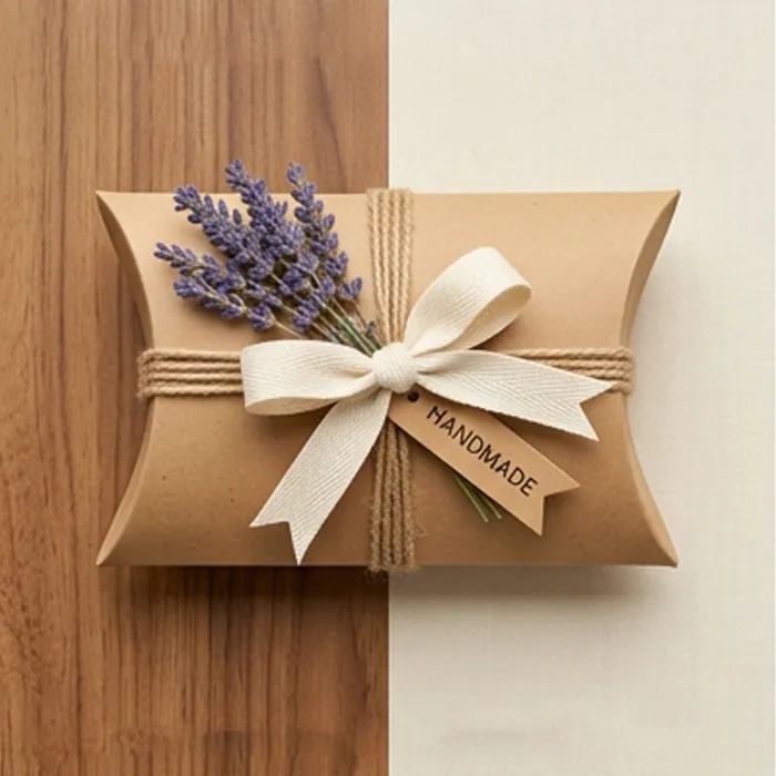 Kraft pillow box tied with a wide cream ribbon and a handmade tag