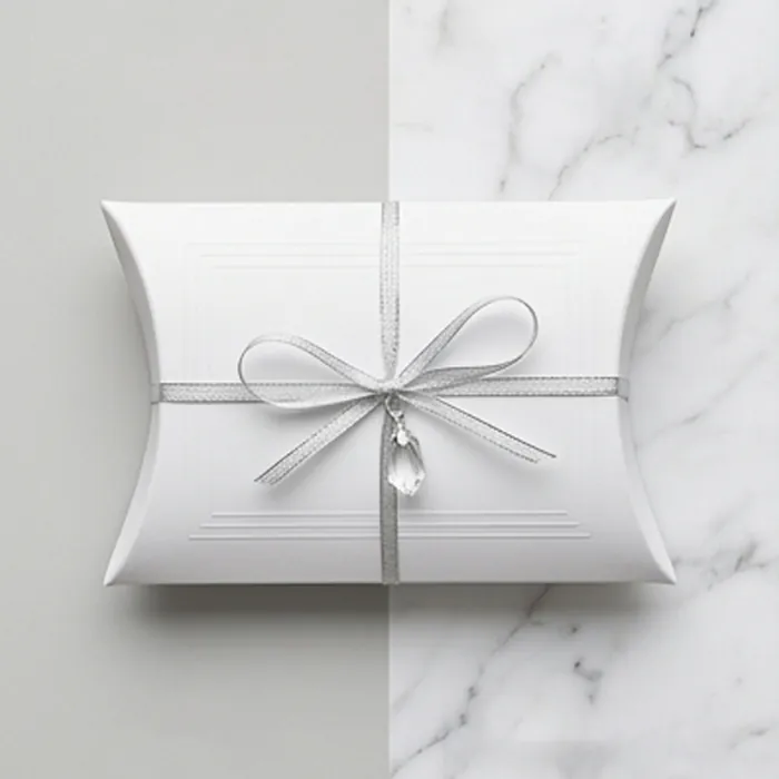 White pillow box with a fine silver ribbon and a small charm