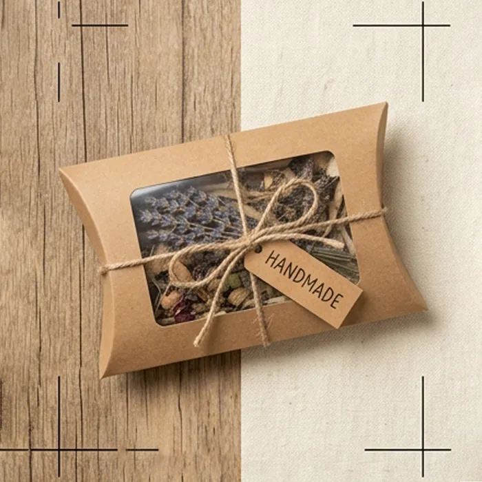 Kraft pillow box with a die-cut window showing dried botanicals inside