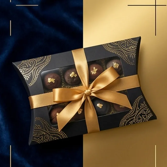 Black pillow box with a window and gold ribbon showing chocolates inside
