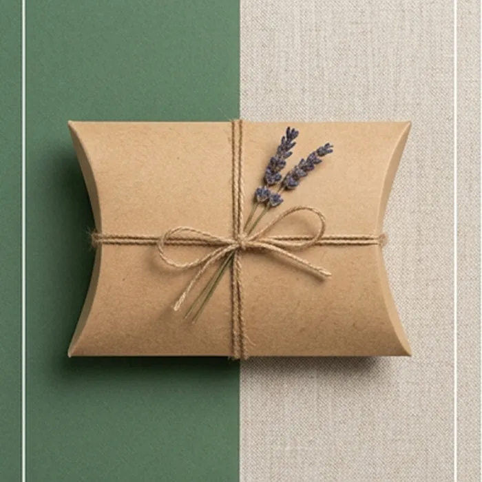 Kraft gift pillow box tied with twine and finished with a wax seal