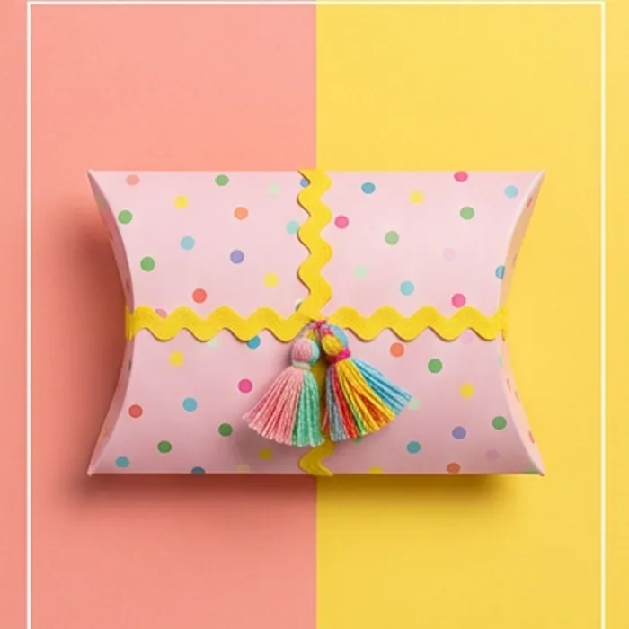 Pink polka-dot gift pillow box with a rainbow tassel