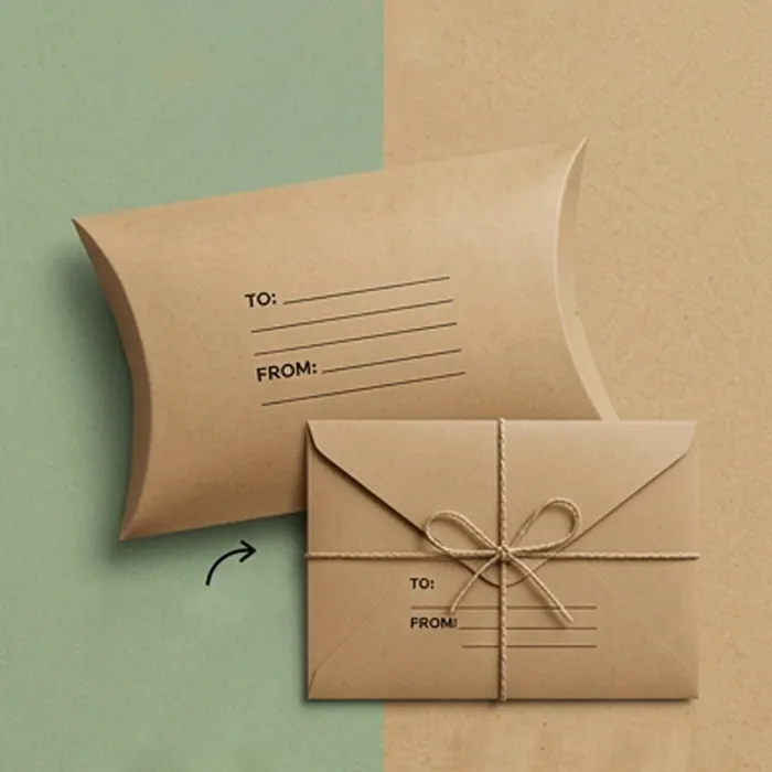 Kraft pillow mailer printed with to and from address fields beside an envelope