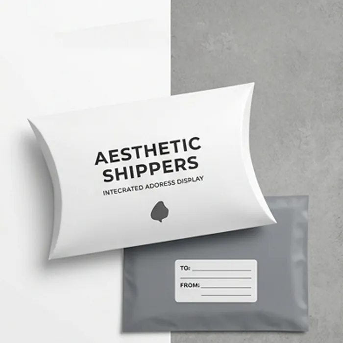 White pillow mailer with an integrated address display panel and label