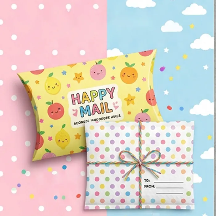 Bright printed pillow mailer with a happy mail design and an address card