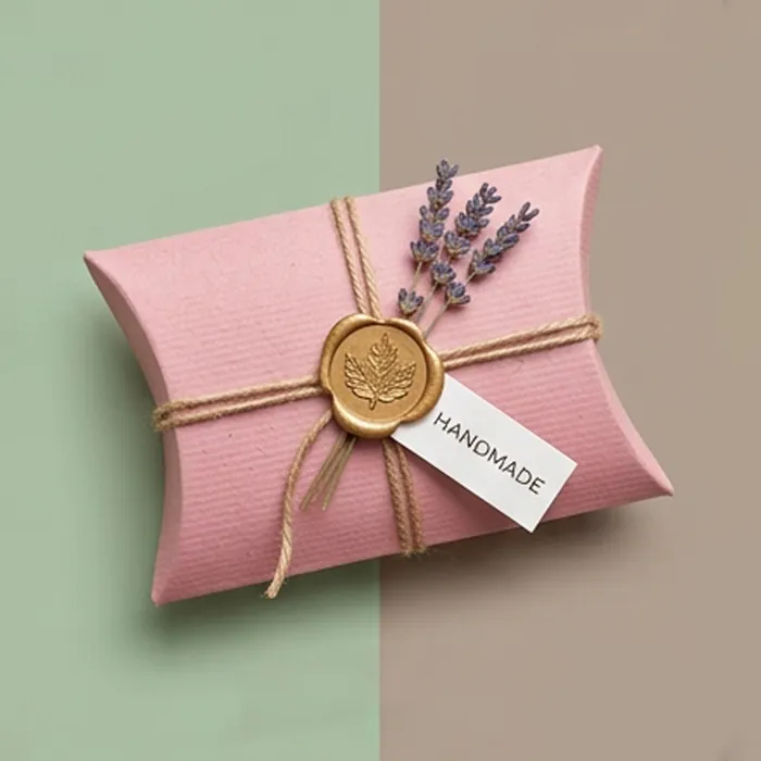 Pink pillow box tied with twine and finished with a gold wax seal