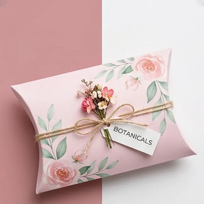 Pale pink pillow box with a floral posy and a botanicals tag