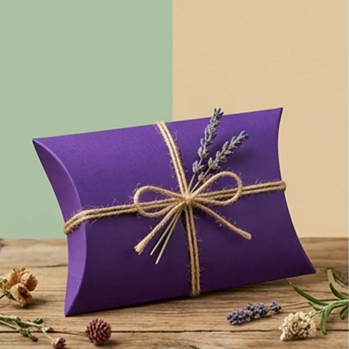 Deep purple pillow box tied with twine and dried lavender