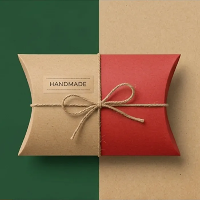 Kraft pillow box with a handmade label photographed against a red background