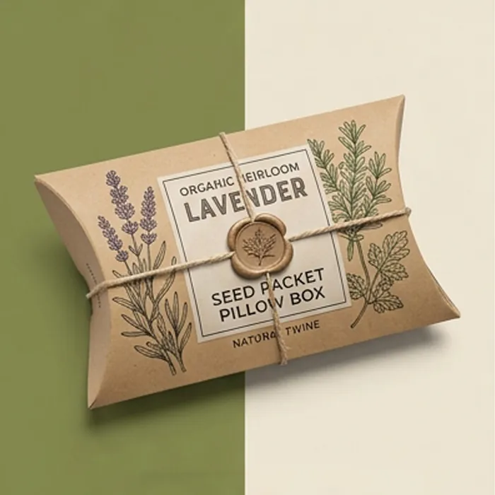 Kraft seed packet pillow box with an organic heirloom lavender label and twine
