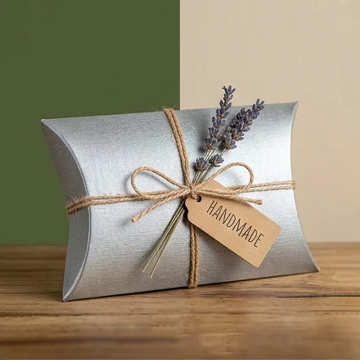Silver metallic pillow box tied with natural twine and a small tag