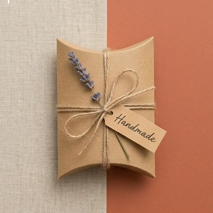 Small kraft pillow box tied with twine and a handwritten handmade tag
