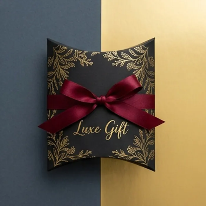 Small black and gold pillow box with a burgundy bow and a luxe gift wordmark