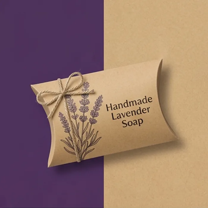 Kraft soap pillow box printed with a handmade lavender soap label