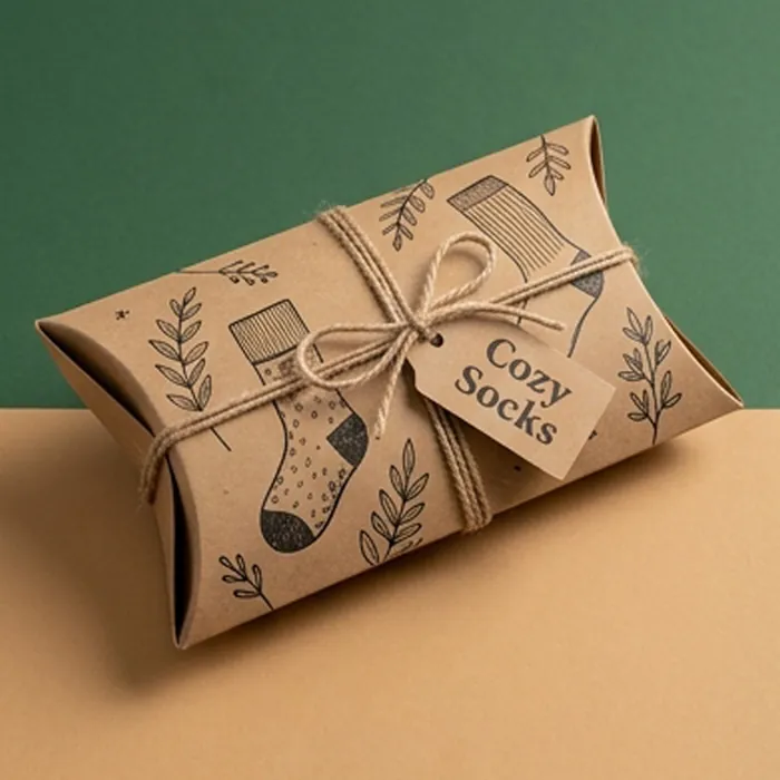 Kraft sock pillow box printed with a cozy socks illustration