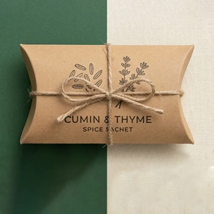 Kraft spice sachet pillow box printed with a cumin and thyme label