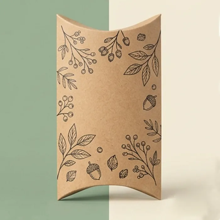 Standing kraft pillow box with an embossed botanical panel shown upright