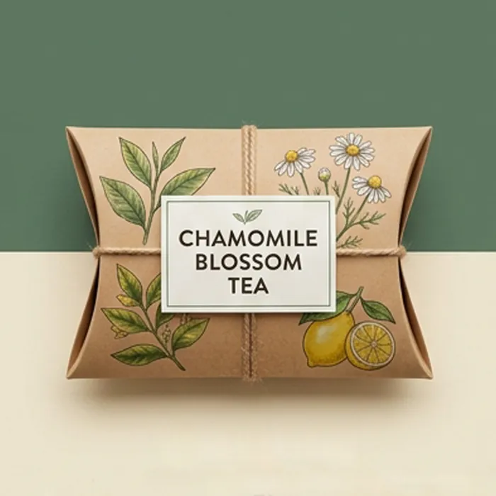 Kraft tea pillow box printed with a chamomile blossom tea label