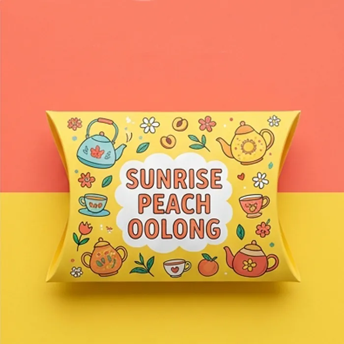 Yellow tea pillow box with an illustrated sunrise peach oolong design
