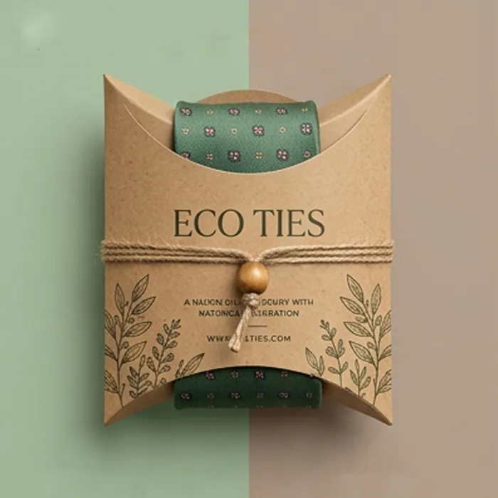 Kraft tie pillow box printed with an eco ties label and a folded tie