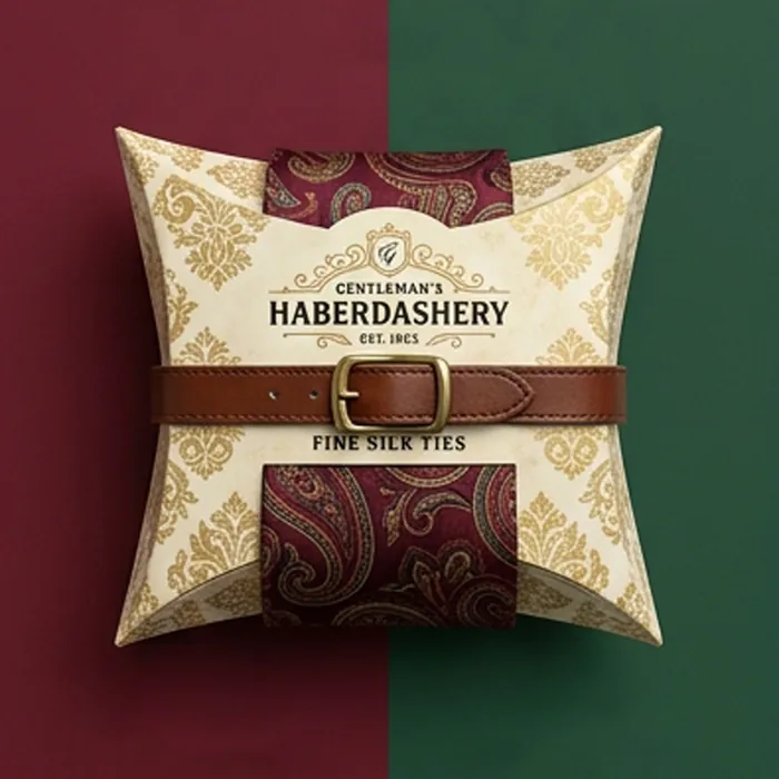 Cream tie pillow box with a paisley panel and a leather band