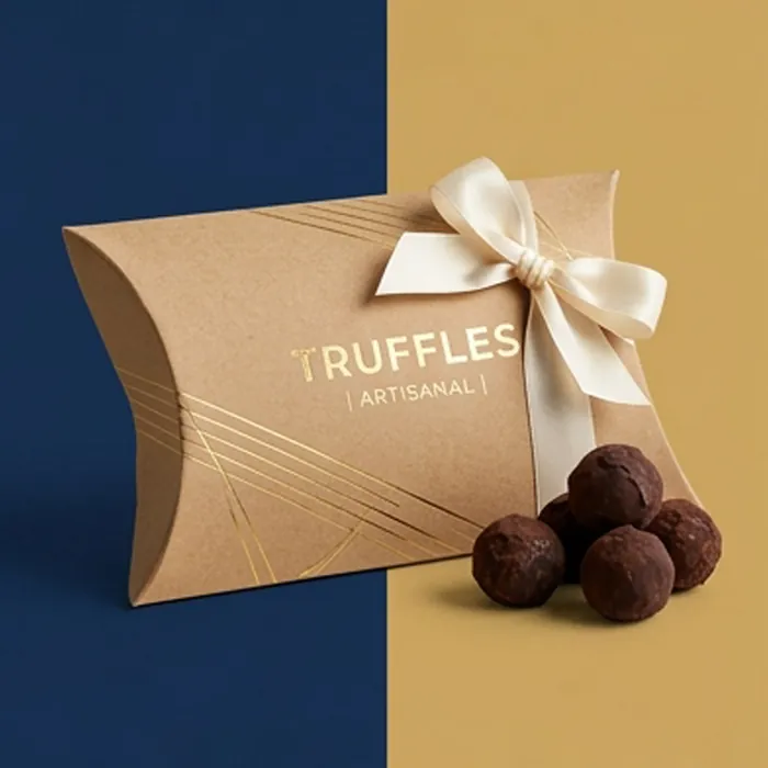 Kraft truffle pillow box printed with an artisanal truffles label and cocoa truffles