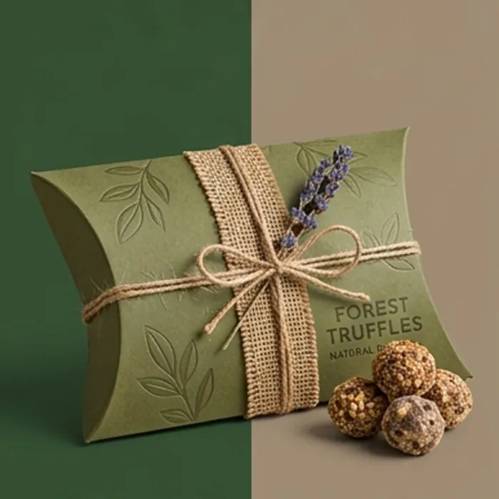 Olive truffle pillow box with a burlap band, twine and forest truffles