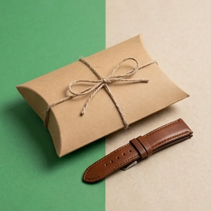Kraft watch strap pillow box beside a brown leather strap