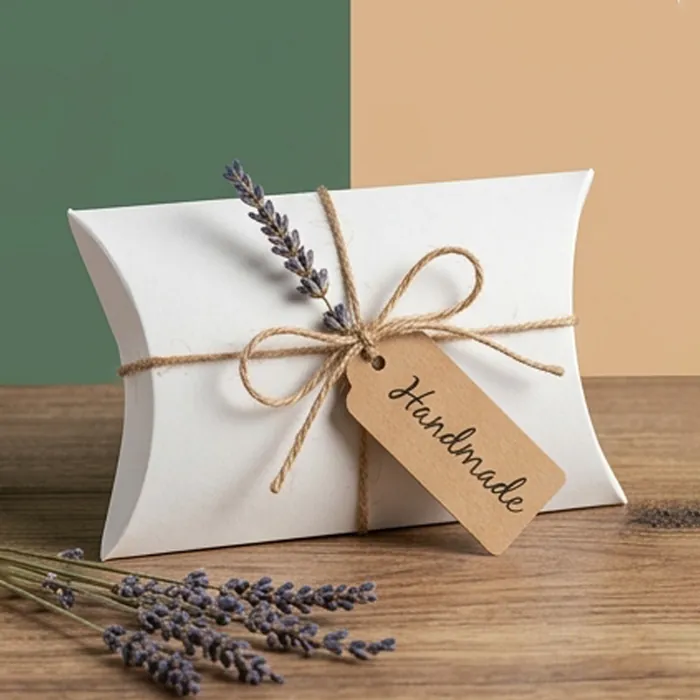 White pillow box tied with twine and a small handmade tag beside lavender