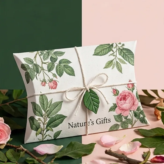 Cream pillow box with a fine botanical print and a rose alongside
